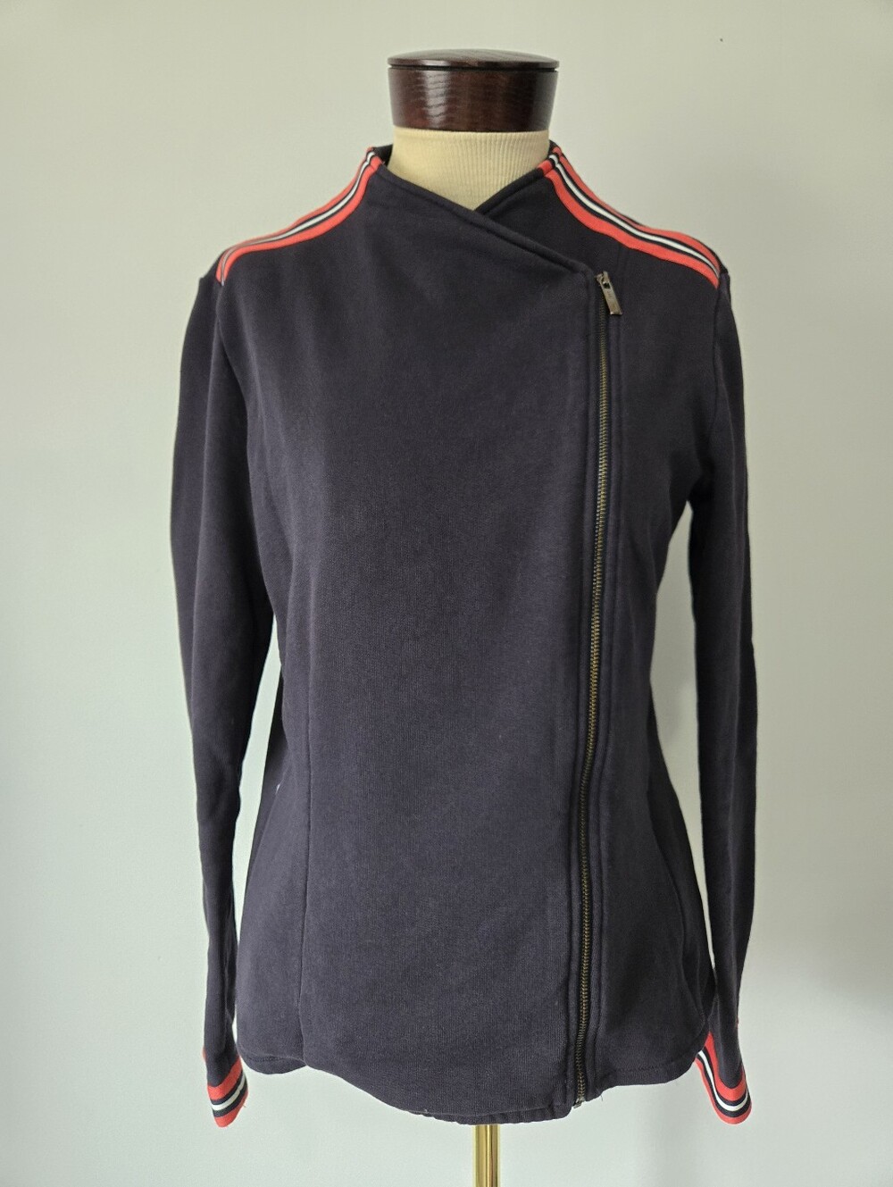 Saint + Sofia Navy Cotton Moto Jacket With Red Striped Shoulder And Cuffs. 8